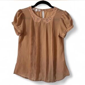 Patrons of Peace Women’s Sheer Lace Blouse Puff Sleeve Tan XS Romantic Top